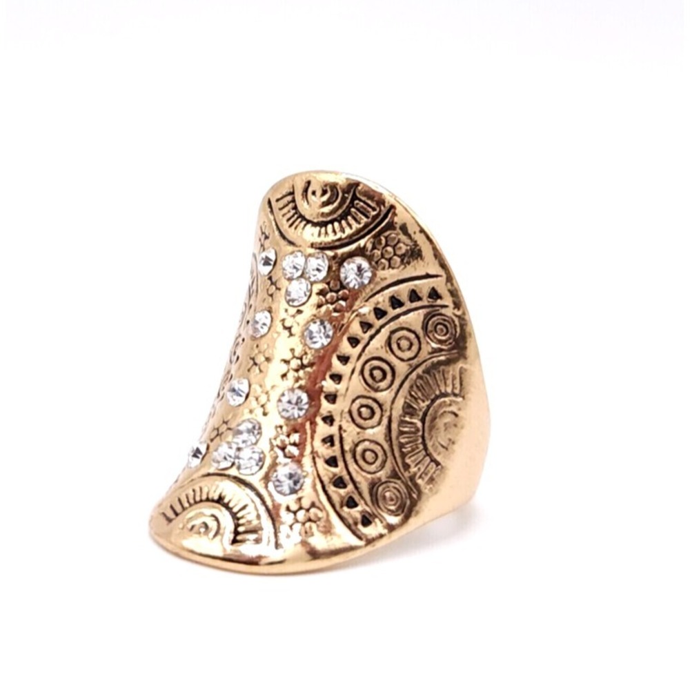 Gold Tone Tribal Engraved Statement Ring Women's Shield Rhinestone Boho Jewelry - Picture 1 of 10